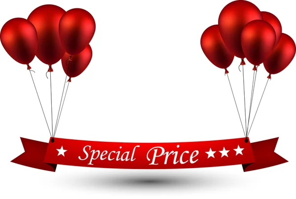 Speciale prijs rood lint achtergrond met ballonnen. — Stockvector