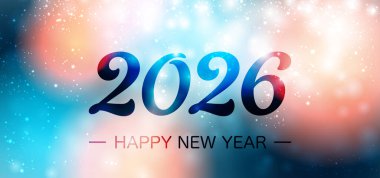 Koyu mavi ve kırmızı arkaplanlı kalın 2026 metni. Festivalsel bir atmosferde vektör illüstrasyonu.