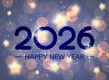 Koyu mavi 2026 metni parlak ışık, ışıltı ve rüya gibi bir arkaplanda yıldızlar. Tatil sezonu için vektör illüstrasyonu