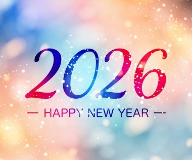 Kısık 2026 yazıları kırmızı ve mavi, ışıltılı ve şenlikli bir arka planda ışıldayan bokeh. Vektör illüstrasyonu.