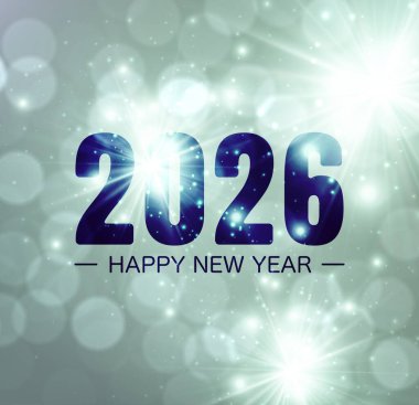 Koyu mavi 2026 metni, parlak arkaplanda bokeh, ışıltı ve parlak ışıklarla. Yeni Yıl için Vektör illüstrasyonu.