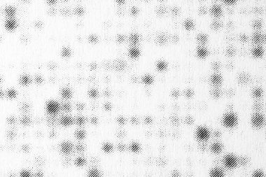 Dağınık siyah yarım tonlu mürekkep lekeleri desenli beyaz kağıt üzerinde ekstrem makro baskı, ambalaj, tabela ve dijital düzenler için soyut bir arka plan oluşturur.