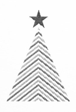 Minimalist bir Noel ağacının aşırı yakın plan çekimi. Çapraz yarım ton çizgileriyle oluşmuş, üzerinde katı bir yıldız var. Beyaz desenli kağıda siyah basılmış..