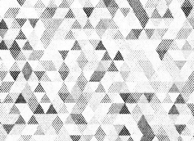 Beyaz kağıt üzerinde siyah yarım tonlu noktaların makro yakın çekimi çeşitli nokta yoğunluğuna sahip tekrarlayan geometrik üçgen deseni oluşturur. Raster taraması, mürekkep dokusu ve kağıt taneciklerini gösterir..