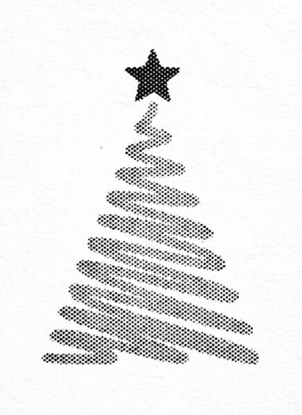 Minimal Christmas tree formed by a spiral of halftone dots, topped with a solid star. Black and white vintage print look on textured paper background.