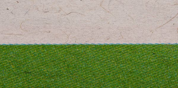 Macro close-up of printed paper with an off-white fibrous area above and a solid green ink band below, separated by a thin cyan edge. Clean horizontal split texture for layouts and overlays.