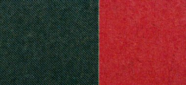 Solunda koyu yeşil yarım tonlu nokta alanı olan baskılı kağıdın makro yakın çekimi ve sağ tarafında keskin bir dikey kenar ile bölünmüş katı kırmızı mürekkep alanı. Kalın vintage baskı dokusu.