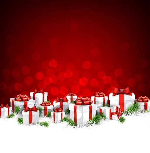 Fondo rojo de Navidad con regalos — Vector de stock