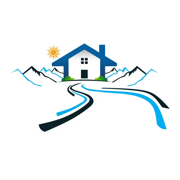 House in the mountains with road logo. Vector graphic design — Stock Illustration House in the mountains with road logo. Vector graphic design Stock Vector