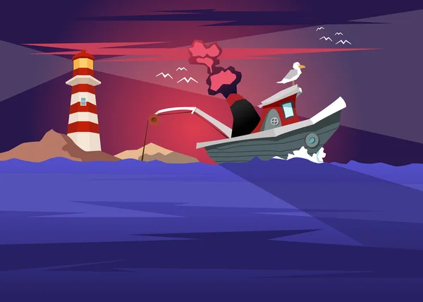 Es ist ein schönes altes Boot mit einem Leuchtturm — Stockillustration Fischerboot im Sonnenuntergang — Stockvektor