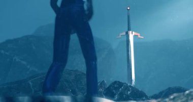 Taşın içinde gerçeküstü bir arka planı olan 3D bir kılıç..