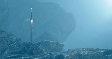 Taşın içinde gerçeküstü bir arka planı olan 3D bir kılıç..