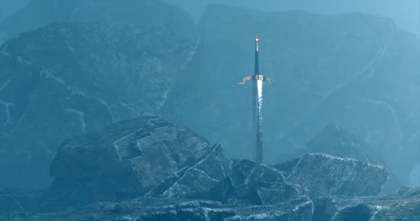 超現実的な背景を持つ石の中の剣の3Dレンダリング — ストック動画