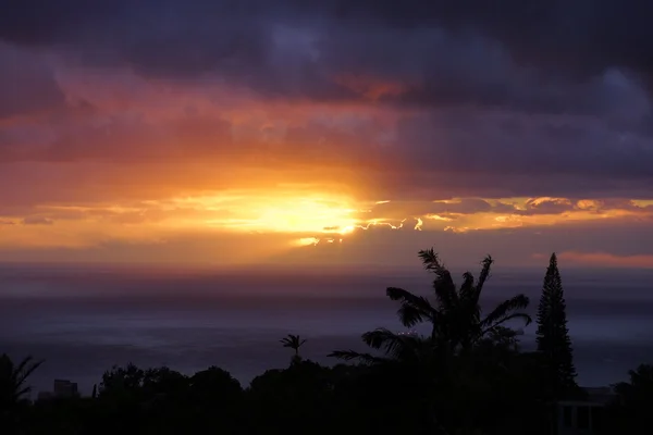 Sunset through the clouds over the ocean past tropical silhouett — Stock Photo, Image