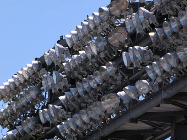 Rows of High Power Stadium Lights attached to top deck — Stock Photo, Image