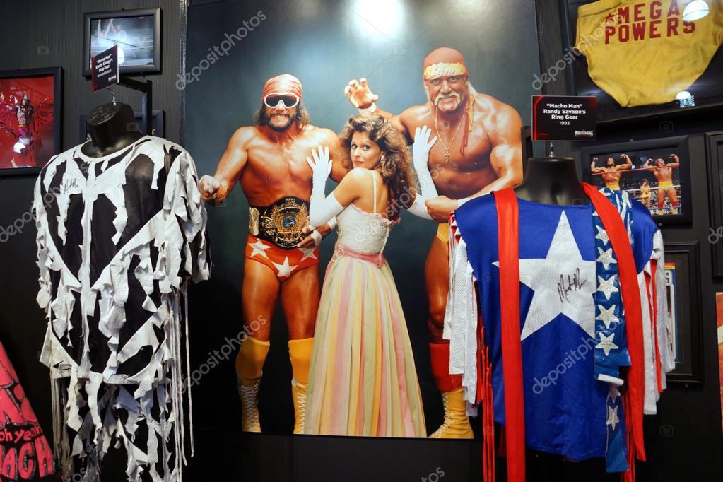 SAN JOSE - MARCH 28: WWE Legend Macho Man and Hulk Hogan Mega Powers outfits, hats, sunglasses and poster of the team with manager Miss Elizabeth on displays at WWE Axxess event at the McEnery Convention Center in San Jose, California on March 28, 20