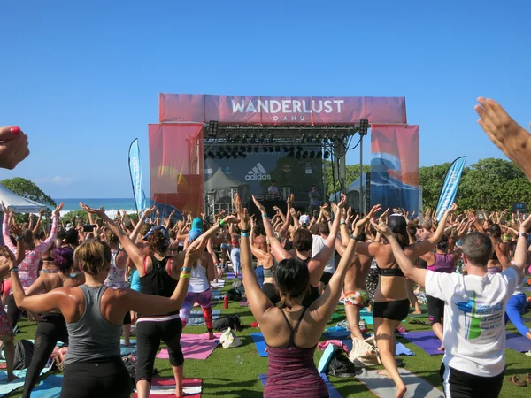 People do Warrior one w: Wanderlust MC Yogi Yoga Class — Zdjęcie stockowe