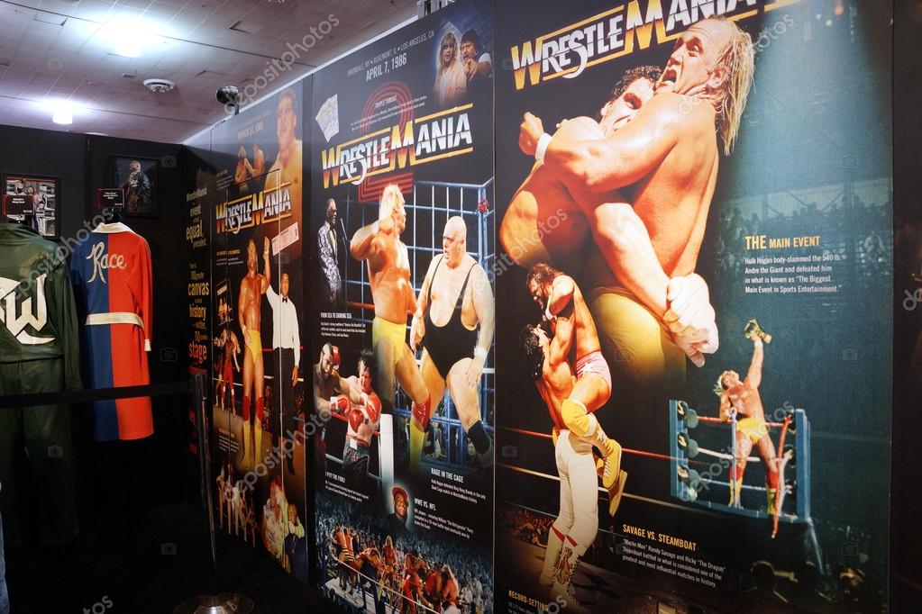 SAN JOSE - MARCH 28: Display of Wrestlemania posters ranging from Wrestlemania 1-3 at WWE Axxess event featuring Hulk Hogan, Macho Man, Andre the Giant, Mr. T and Muhammad Ali at the McEnery Convention Center in San Jose, California on March 28, 2015