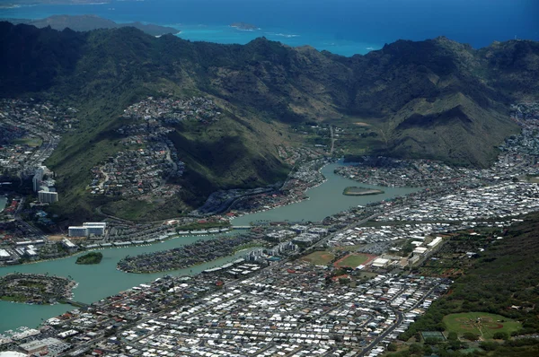 Flygfoto över Kuapa damm, Hawaii Kai stad, Windward kusten — Stockfoto