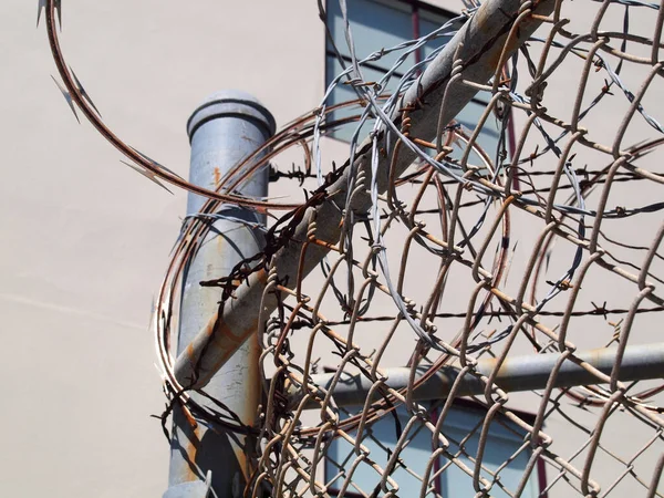 Közelkép Barb Wire Ahogy Lefedi Tetején Kerítés San Francisco — Stock Fotó