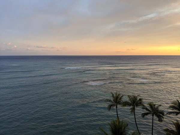 Antena Zmierzchu Oeacn Falami Toczącymi Się Waikiki Drzewami Kokosowymi Pierwszym — Zdjęcie stockowe
