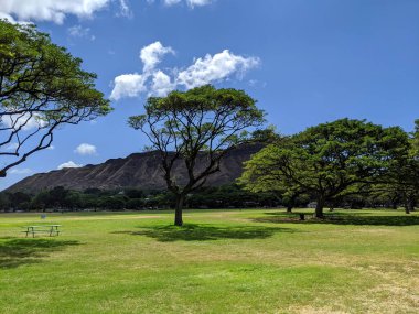 Kapiolani Park 'ta piknik masaları ve ağaçlar Elmas Kafa ve Oahu, Hawaii' de bulutlar..