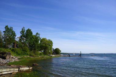 mesafe ve yeşil ağaçlarda iskelesi ile kayalık sahil şeridi