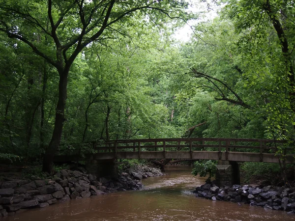 Pont piéton arches sur Dirty Stream coule rapidement à travers — Photo