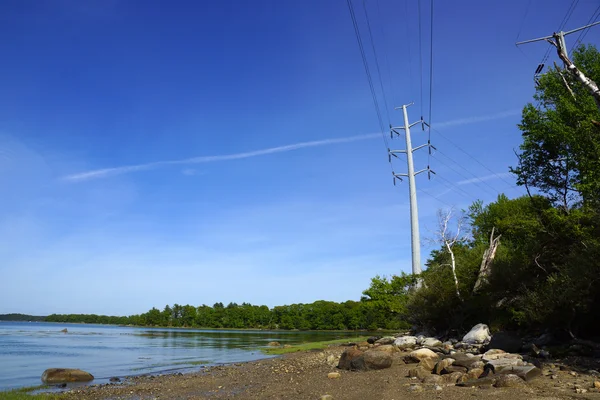 Spiaggia rocciosa fiancheggiata da alberi sull'isola di Cousins con grande potenza — Foto Stock
