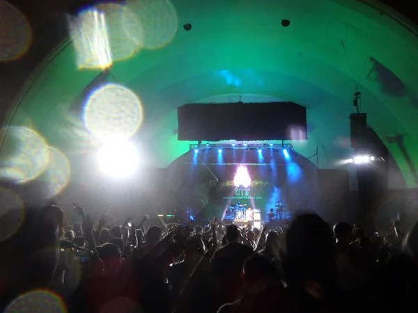 Shaggy sings on stage in the rain as crowd dances and waves hand — Stock Photo, Image