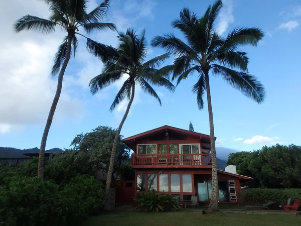 Red Two Story Beach House avec de grands cocotiers — Photo