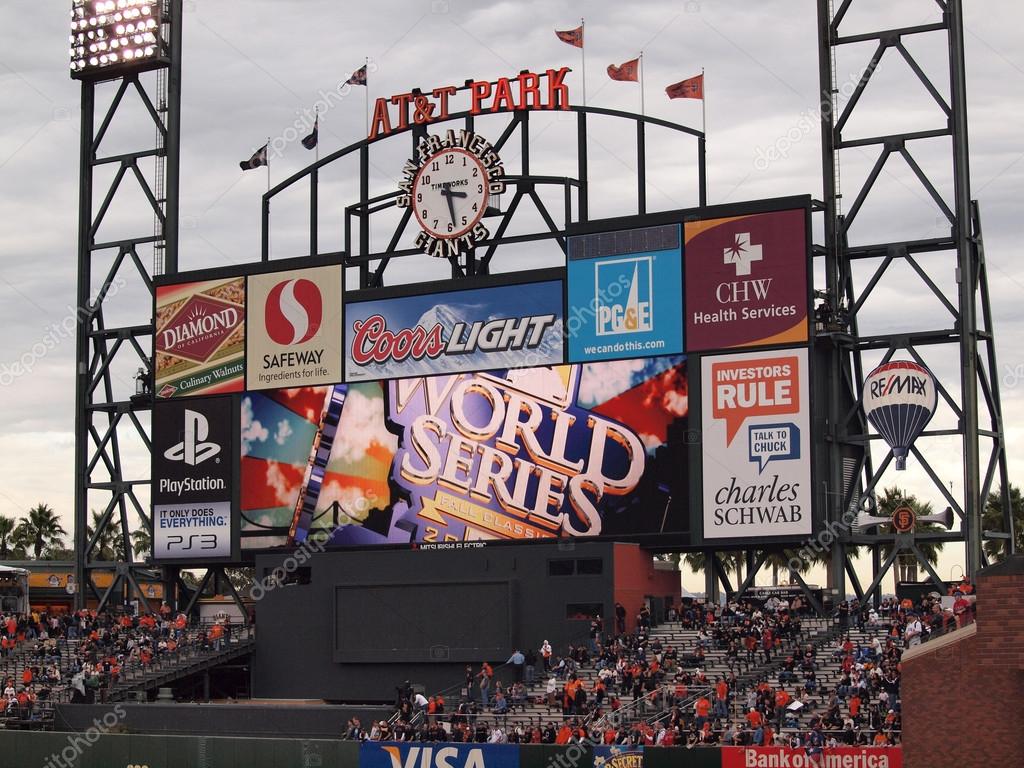 SAN FRANCISCO, CA - OCTOBER 28: ATT Park HDTV Scoreboard in the outfield bleachers displays World Series logo, and people in the bleachers game 2 of the 2010 World Series game between Giants and Rangers Oct. 28, 2010 AT&T Park San Francisco, CA.