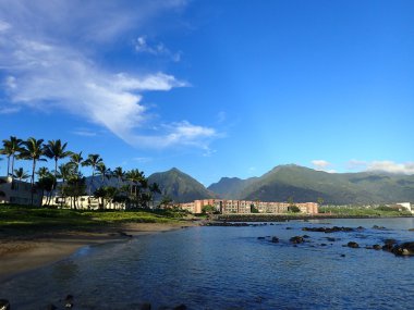 Kahului Bay Hotel, Hindistan cevizi ağaçları ve IAO Vadisi ve çevredeki dağların