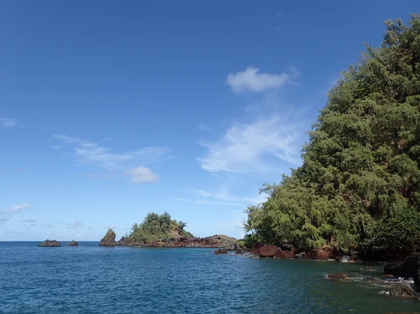 Acantilado de Red Rock e islas cubiertas de árboles a lo largo del océano — Foto de Stock