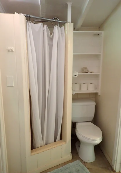 Wewnątrz domku łazienka z prysznicem i WC — Zdjęcie stockowe
