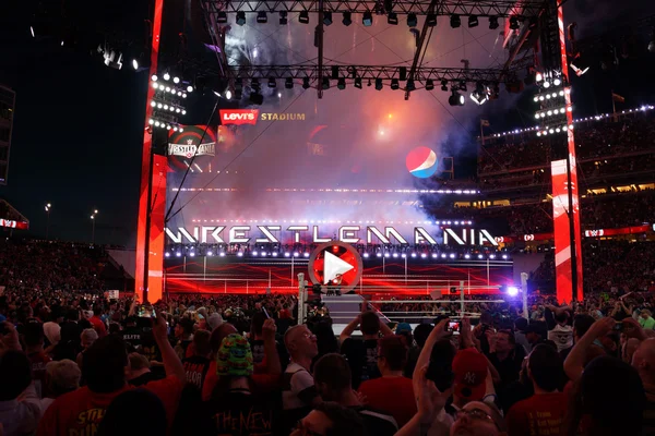 Fans cheer and record action on phones at close of Wrestlemania — Stock Photo, Image