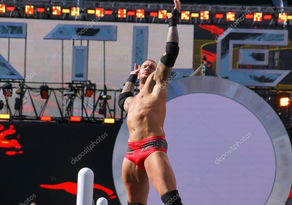 SANTA CLARA - MARCH 29: Close-up of WWE Wrestler Randy Orton does signature pose with arms held in the air on turnbuckle before match at Wrestlemania 31 at the Levi's Stadium in Santa Clara, California on March 29, 2015.