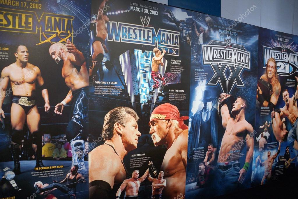 SAN JOSE - MARCH 28: Display of Wrestlemania posters ranging from Wrestlemania 18-21 at WWE Axxess event at the McEnery Convention Center in San Jose, California on March 28, 2015.