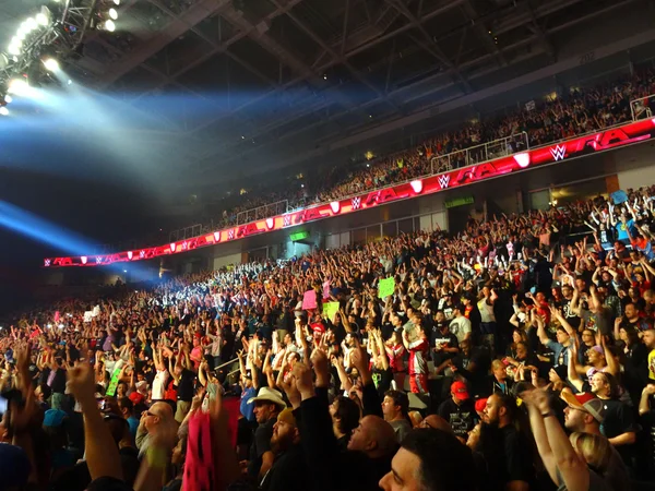 ファンの群衆はに指を向けることによって「イエス・聖歌」と夢中になる — ストック写真