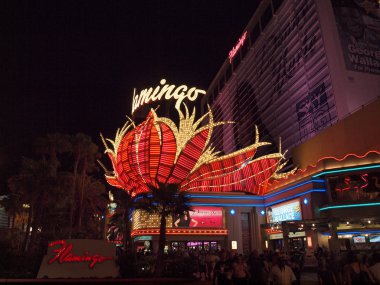 Ünlü Flamingo Hotel ikonik neon işaretleri gece
