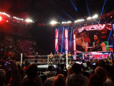 Champion Seth Rollins faces the Beast Brock Lesner in the ring 