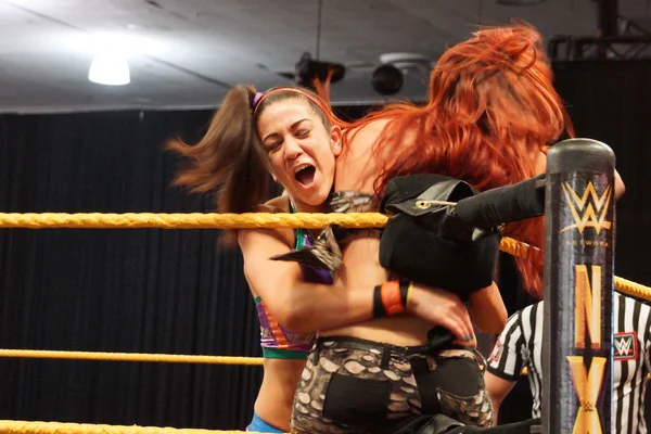 NXT Mujeres luchadoras Bayley le da a Becky Lynch un abrazo en la cornisa — Foto de Stock