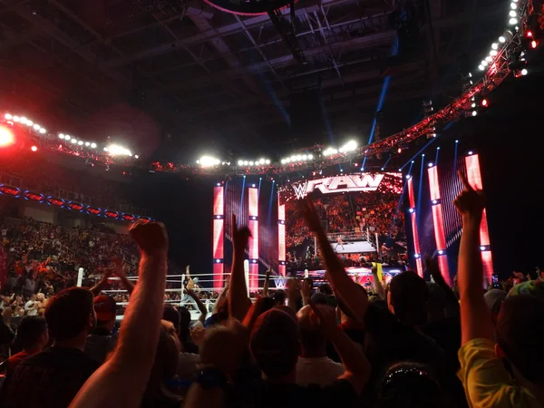 Crowd points fingers in the air with the Lucha Dragons — ストック写真