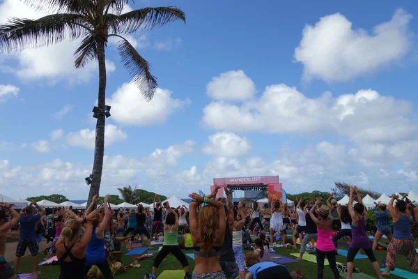 People raise arms over head during outdoor yoga class along the — Zdjęcie stockowe