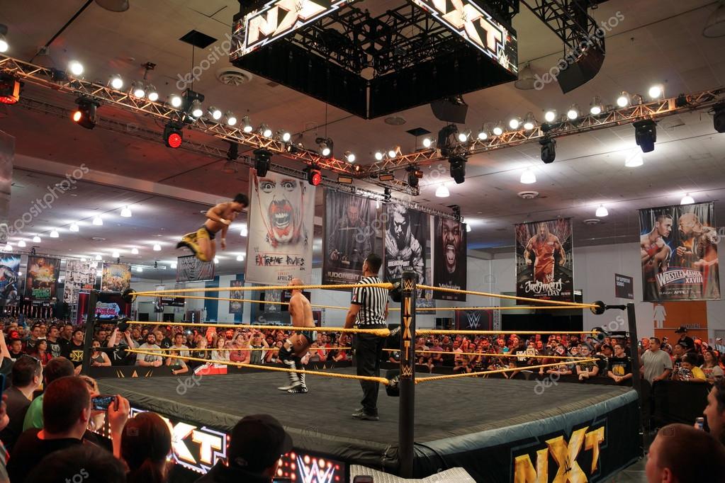 SAN JOSE - MARCH 28: NXT Wrestle Hideo Itami jumps off the top rope towards opponent in ring during match at WWE Axxess event at the McEnery Convention Center in San Jose, California on March 28, 2015.
