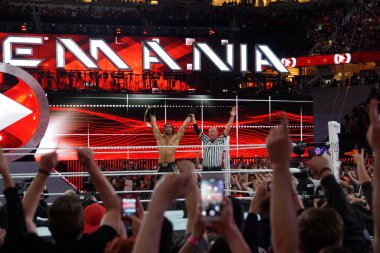 Ref raises Seth Rollins arms as he celebrates with fans victory 