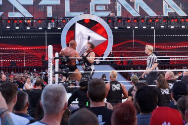 Sting clotheslines Triple H in corner of ring during match