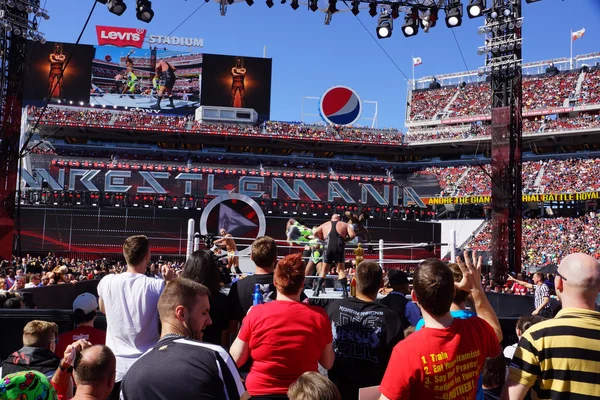 WWE Wrestler Big Show recibe doble dropkick mientras sostiene la cuerda del anillo —  Fotos de Stock