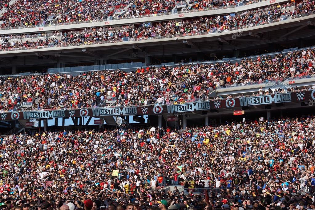 SANTA CLARA - MARCH 29: Crowd of fans in stands at Wrestlemania 31 at the Levi's Stadium in Santa Clara, California on March 29, 2015.