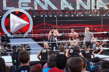 Triple H flexes muscles as Sting holds bat in ring during match